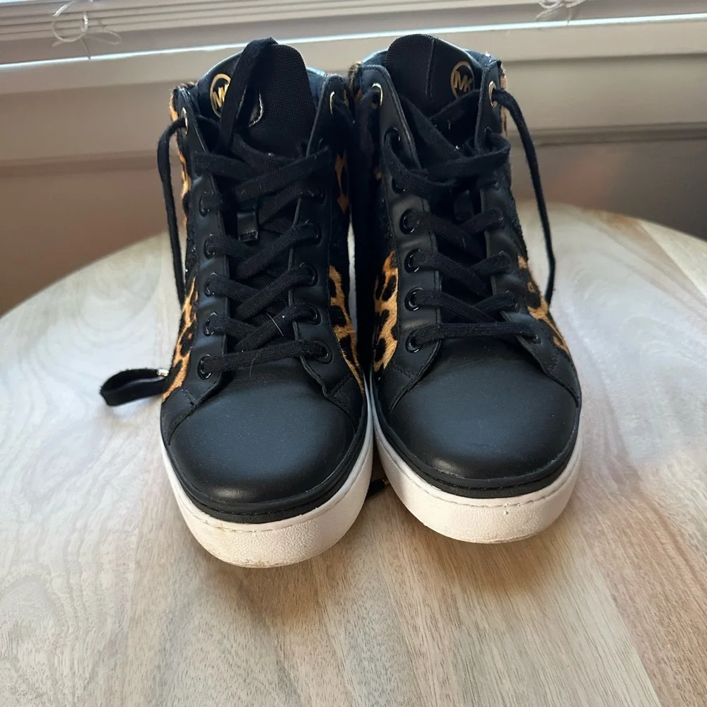 Michael Kors Leopard Print High-Top Sneakers in Black and Brown